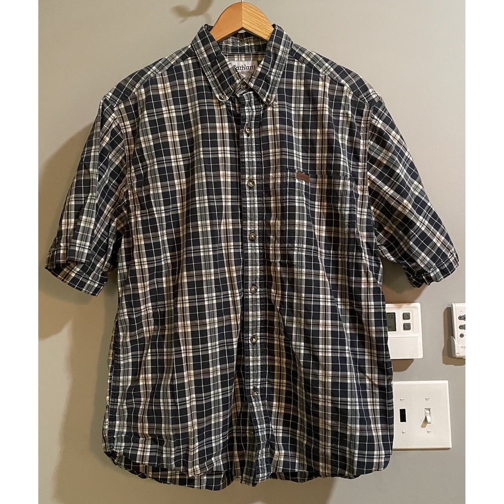 Carhartt Shirt Plaid Short Sleeve Button Up Cotton Pocket Workwear Casual Large